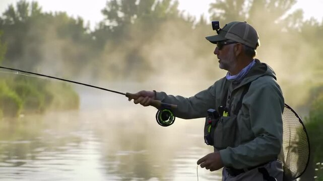 A man in outdoor gear casts a fishing rod on a serene river