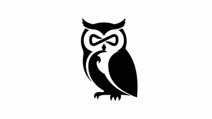 Stylized black owl silhouette with infinity symbol for eyes, representing wisdom and eternity