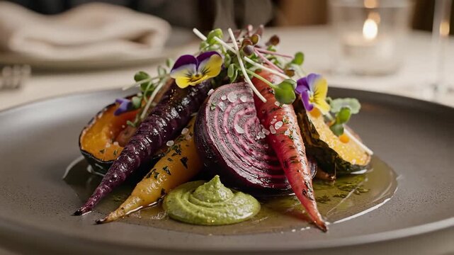 Close up of roasted vegetables on a plate featuring carrots squash and beet