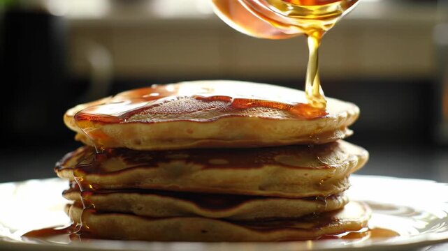 A stack of fluffy pancakes on a plate being drizzled with syrup