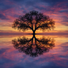 Tree silhouette designed fractal mirror symmetry across horizon reflecting cosmic aesthetics highly unusual motif stunning effect purely human-free distinctively creative.
