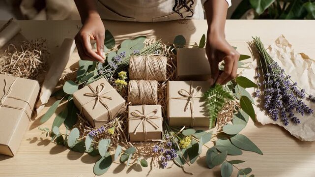 Handmade eco gift box wrapped kraft paper with twine, dried lavender and eucalyptus floral accents, rustic handmade presentation hands tying natural twine around kraft box with delicate floral