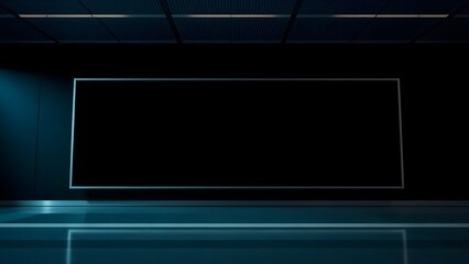 Large blank black screen in a sleek, dark modern room with reflective surfaces, ready for content display in a sophisticated technological environment, offering ample copy space