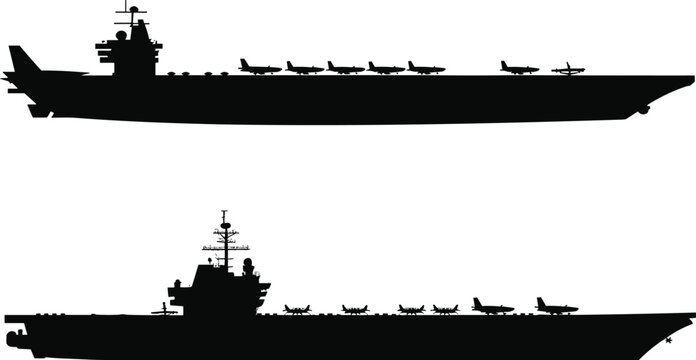 Two black silhouettes of aircraft carriers with planes on deck