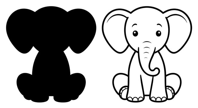 Cute Baby Elephant Front View Character Line Art and Solid Black Silhouette Set Isolated on Transparent Background