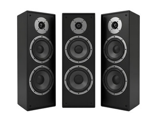 Fototapeta premium Three black floor standing tower speakers for high-quality audio reproduction isolated on transparent background
