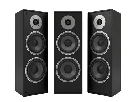 Three black floor standing tower speakers for high-quality audio reproduction isolated on transparent background