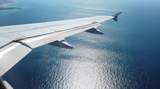 Aerial view of an airplane wing flying over a vast body of water with sunlight reflecting on its surface