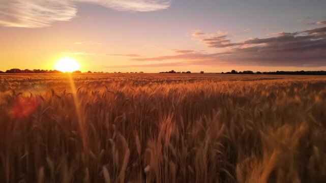 A vast golden wheat field ripples and waves softly in the breeze under the warm glowing light of the setting sun light, movement, softly
