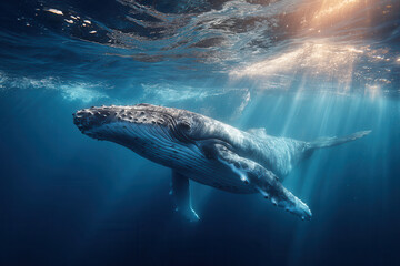 Humpback whale swims through clear ocean water with sunlight streaming from above