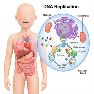 Medical illustration of DNA replication inside a human cell, highlighting the nucleus, double helix structure, and key enzymes such as helicase, polymerase, primase, and ligase.