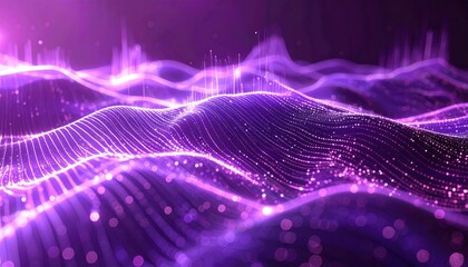 Abstract Purple Digital Waveform with Glowing Particles and Light Trails.
