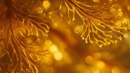 Close-up of golden branches with blurred background and bokeh lights, creating a warm and inviting atmosphere.
