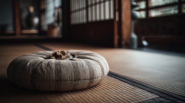 Zen zabuton on tatami floor in sunlight