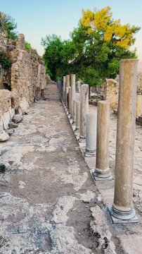 Ruins of the ancient Roman port city of Siedra in Alanya, Antalya, Turkey. The street and ruins of the ancient abandoned ancient city of Siedra on the Mediterranean coast. 4К