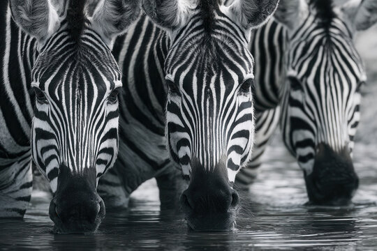 Zebras drink water together near a river in a black and white setting in the early morning light - Powered by Adobe