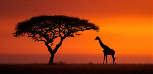Giraffe standing beside a tree during sunset in an open landscape with orange skies