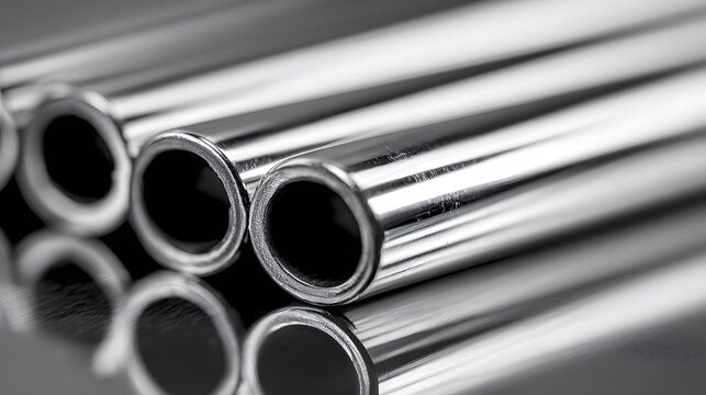 Close-up of Shiny Metal Tubes - Industrial Components and Construction Materials.