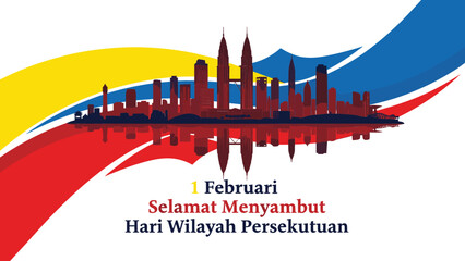 Naklejka premium Federal Territory Day Malaysia vector illustration featuring Kuala Lumpur skyline silhouette reflection and dynamic national color ribbon background.
