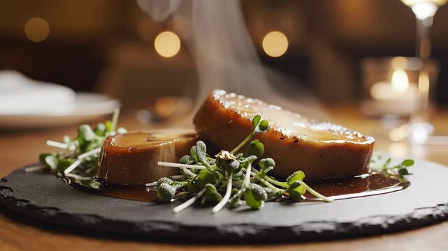 Gourmet dish presentation close up of savory food on slate plate