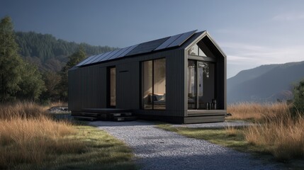 Compact modular eco cabin clad matte steel with integrated solar panels Gravel path bordered by trimmed grass directs