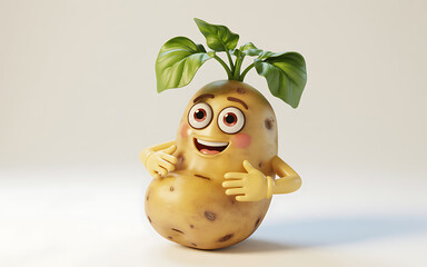 A cheerful cartoon potato with green leaves and arms