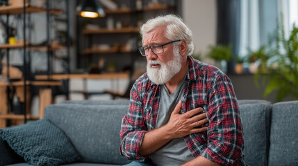 Senior man experiences chest pain while sitting on a couch in a modern living room during daytime