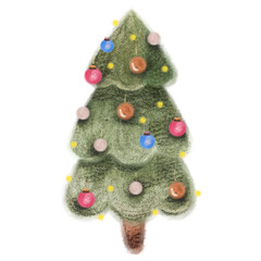 Christmas tree with colorful bauble decoration and white snow dots rendered in watercolor style. Holiday design for greeting card or banner.
