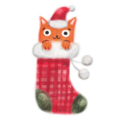 Cute ginger cat wearing Santa hat peeking from Christmas stocking. Holiday themed watercolor illustration for season greeting card design.