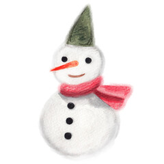 Watercolor illustration of a cute snowman wearing a green conical hat and red scarf for Winter and Christmas greeting card or decoration