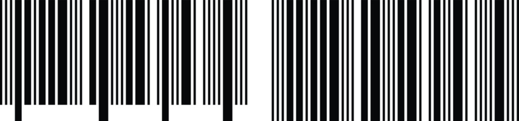 Abstract Barcode Patterns Set in Black and White for Retail and Data Identification. Two Variations standard or classic linear barcodes. Minimalist Linear Pattern Vector Illustration.