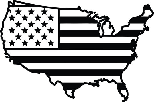 Minimalist monochrome United States map vector featuring contiguous landmass silhouette with bold American flag stars and stripes overlay.