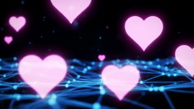 A digital artwork featuring a network of glowing blue lines and nodes with pink hearts floating above