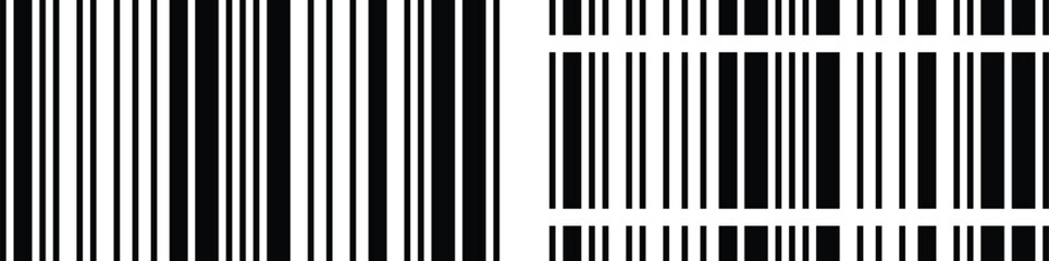 Abstract Barcode Patterns Set in Black and White for Retail and Data Identification. Two Variations standard or classic linear barcodes. Minimalist Linear Pattern.