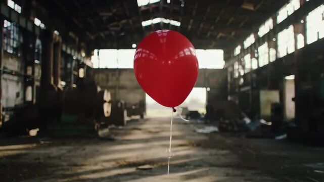 A single red helium balloon floats away in an abandoned industrial warehouse with a concrete floor and walls of windows