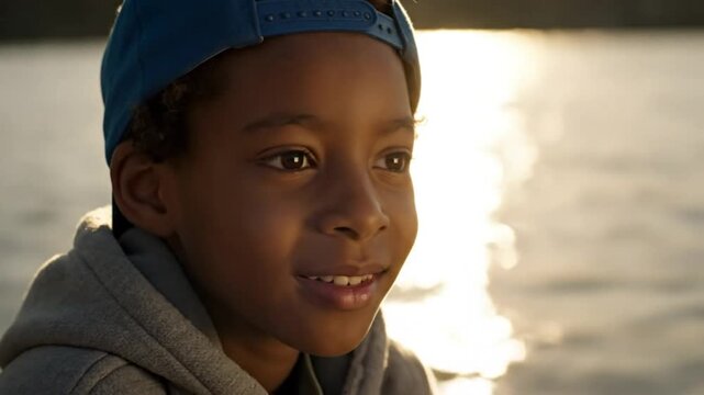 Happy young boy enjoying peaceful moment by the water, wearing blue baseball cap and gazing at the sun