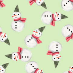 Watercolor seamless pattern of cute snowman. Holiday season winter character for greeting card, gift wrap, fabric, wallpaper.