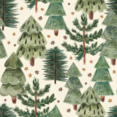 Christmas tree watercolor seamless pattern. Holiday winter background for fabric design or seasonal decor. Hand drawn illustration.