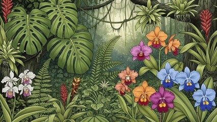Obraz premium Tropical Jungle Orchid Illustration With Lush Rainforest Foliage