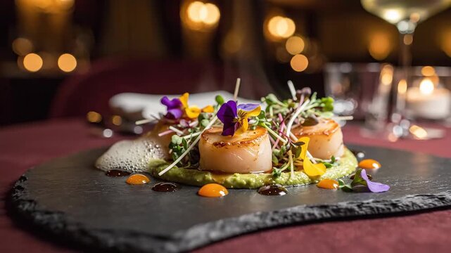 Gourmet dish presentation seared scallops with garnishes on dark plate