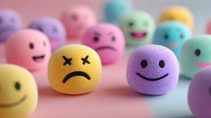 Colorful Emoji Spheres Displaying Various Emotions on a Pink Surface.
