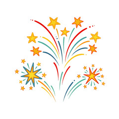 Obraz premium Colorful cartoon fireworks with stars bursting on a white background, perfect for celebrations, holidays, and festive events.