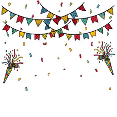 Obraz premium Vibrant hand-drawn party celebration background with colorful bunting, falling confetti, and festive party poppers, perfect for invitations and greeting cards.