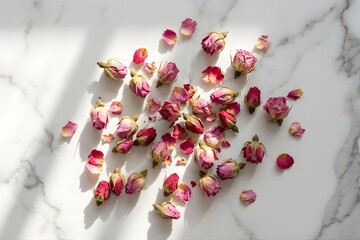 Dried Rose Buds and Petals Flat Lay on White Marble Table