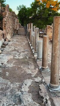 Ruins of the ancient Roman port city of Siedra in Alanya, Antalya, Turkey. The street and ruins of the ancient abandoned ancient city of Siedra on the Mediterranean coast. 4К