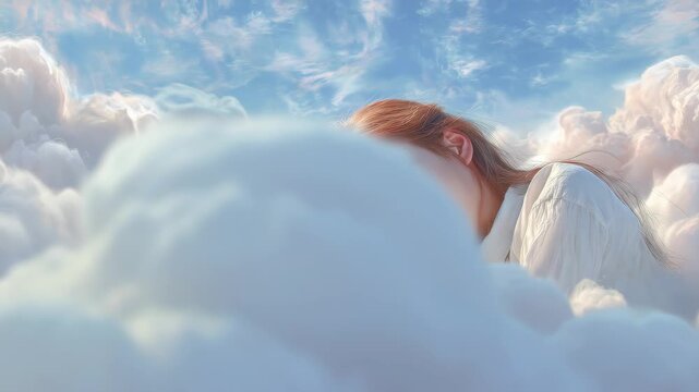 Young woman sleeping peacefully on soft clouds under a bright blue sky, 4k video