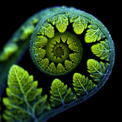 Unique surreal fern leaf rolled spiraling fractal identity luminous pixelated decorative botanical motif distinct imaginary creative ideal purely object no figures ry.