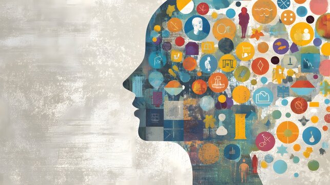 Conceptual illustration of a human head filled with colorful abstract shapes representing thoughts and ideas.