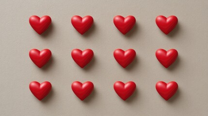 Fototapeta premium Numerous Red Hearts Arranged in a Symmetrical Fashion Against a Light Beige Background Creating a Romantic and Affectionate Atmosphere