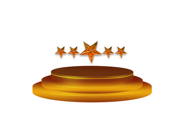 3d rendered illustration of a colourful podium with stars. Glowing golden star elements on podium and glitter light effects. Gradient 5 star on a tiered podium white background.